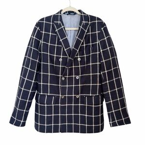 Banana Republic Mens 40L Linen Windowpane Double Breasted Blazer Navy Slim Fit